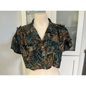 Cami Vintage Tropical Botanical Print Cropped Button Down Shirt Green Brown L